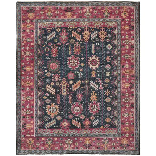 Pink Blue And Orange Wool Floral Hand Knotted Distressed Stain Resistant Area Rug With Fringe Photo 1