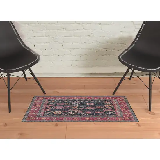 Pink Blue And Orange Wool Floral Hand Knotted Distressed Stain Resistant Area Rug With Fringe Photo 2