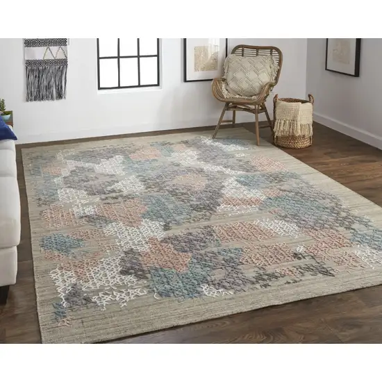 Pink Blue And Taupe Abstract Hand Woven Area Rug Photo 3