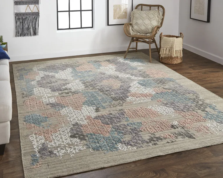 Pink Blue And Taupe Abstract Hand Woven Area Rug Photo 3