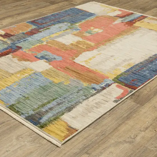 Pink Blue And Yellow Abstract Area Rug With Fringe Photo 4