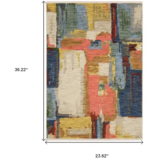 Pink Blue And Yellow Abstract Area Rug With Fringe Photo 3