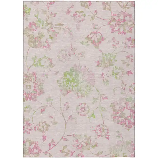 Pink Blush And Artichoke Green Floral Washable Indoor Outdoor Area Rug Photo 2