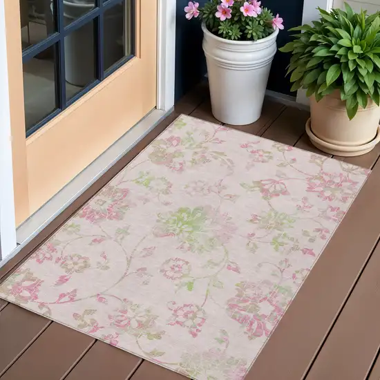 Pink Blush And Artichoke Green Floral Washable Indoor Outdoor Area Rug Photo 1