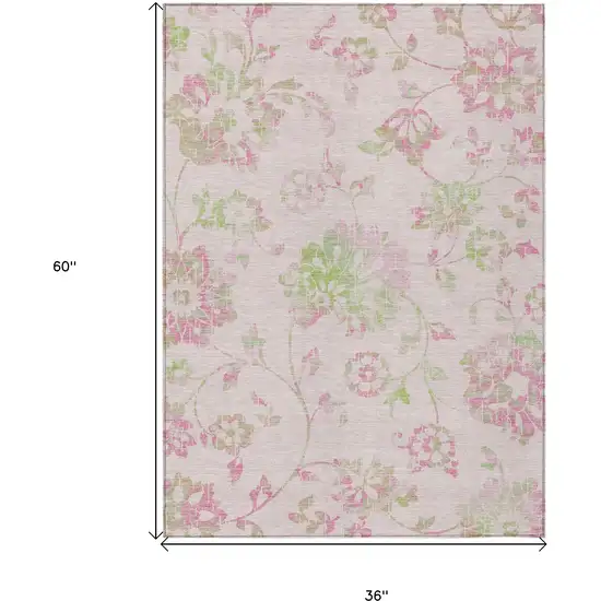 Pink Blush And Artichoke Green Floral Washable Indoor Outdoor Area Rug Photo 3