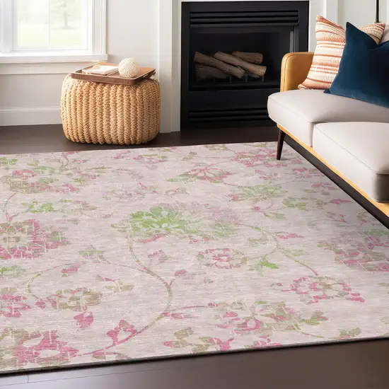 Pink Blush And Artichoke Green Floral Washable Indoor Outdoor Area Rug Photo 9