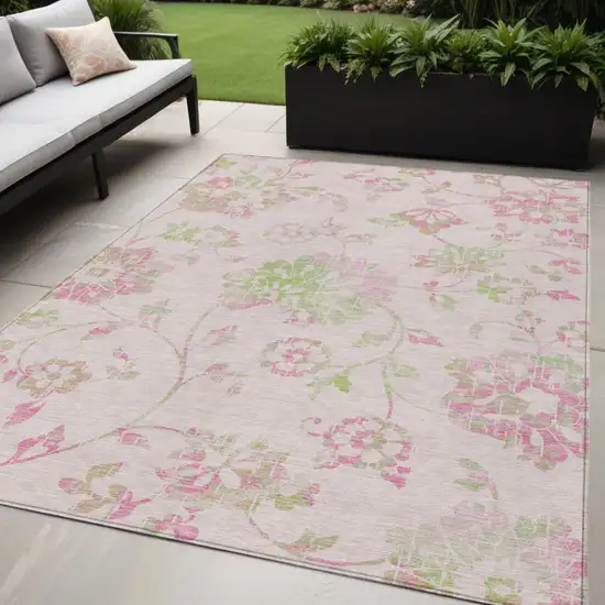 Pink Blush And Artichoke Green Floral Washable Indoor Outdoor Area Rug Photo 1