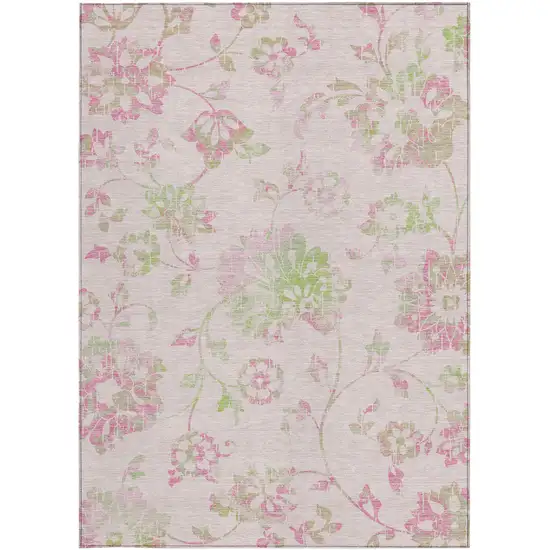 Pink Blush And Artichoke Green Floral Washable Indoor Outdoor Area Rug Photo 8