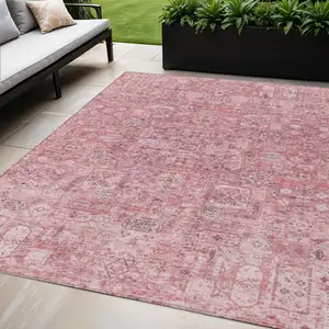 Photo of Pink Blush And Charcoal Floral Washable Indoor Outdoor Area Rug