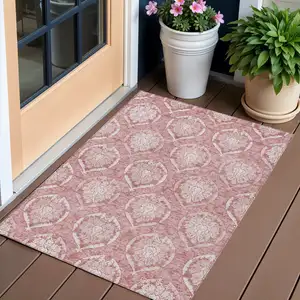 Photo of Pink Blush And Ivory Medallion Washable Indoor Outdoor Area Rug