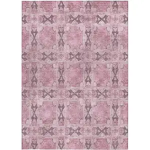 Photo of Pink Floral Medallion Washable Non Skid Indoor Outdoor Area Rug