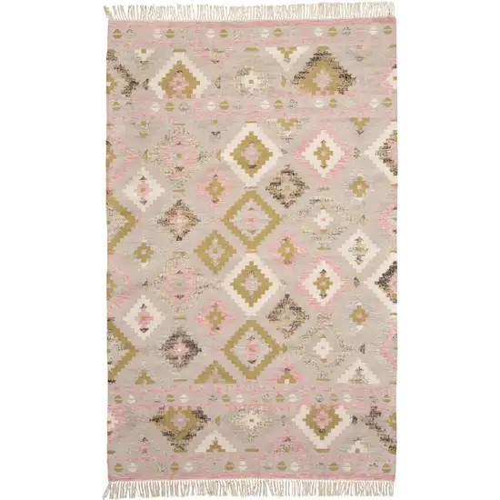 Pink Gold And Taupe Wool Geometric Dhurrie Flatweave Handmade Area Rug With Fringe Photo 1