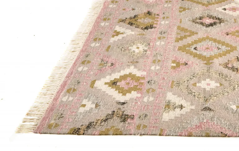 Pink Gold And Taupe Wool Geometric Dhurrie Flatweave Handmade Area Rug With Fringe Photo 3