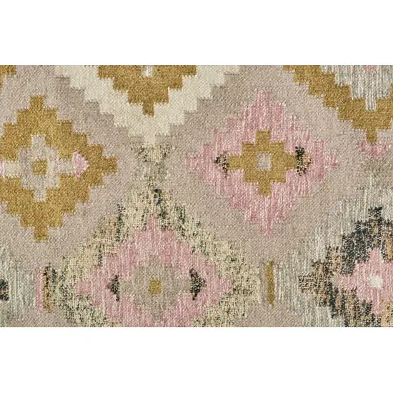 Pink Gold And Taupe Wool Geometric Dhurrie Flatweave Handmade Area Rug With Fringe Photo 9