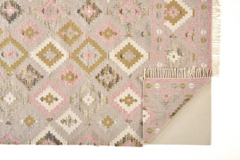 Pink Gold And Taupe Wool Geometric Dhurrie Flatweave Handmade Area Rug With Fringe Photo 2