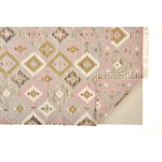 Pink Gold And Taupe Wool Geometric Dhurrie Flatweave Handmade Area Rug With Fringe Photo 2