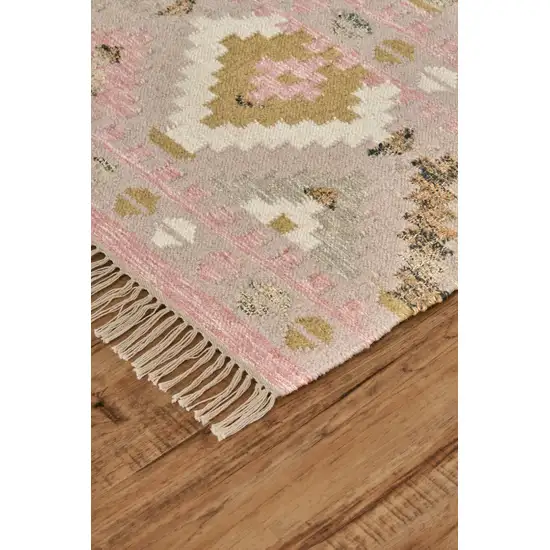 Pink Gold And Taupe Wool Geometric Dhurrie Flatweave Handmade Area Rug With Fringe Photo 7