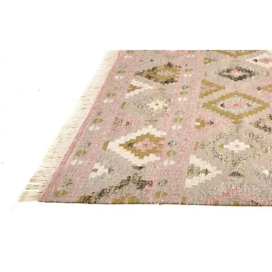 Pink Gold And Taupe Wool Geometric Dhurrie Flatweave Handmade Area Rug With Fringe Photo 3