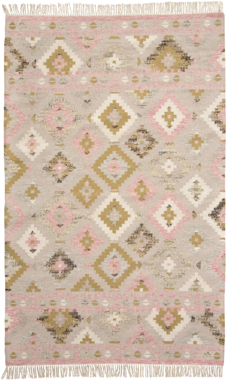 Pink Gold And Taupe Wool Geometric Dhurrie Flatweave Handmade Area Rug With Fringe Photo 1