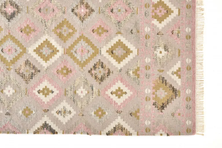 Pink Gold And Taupe Wool Geometric Dhurrie Flatweave Handmade Area Rug With Fringe Photo 4