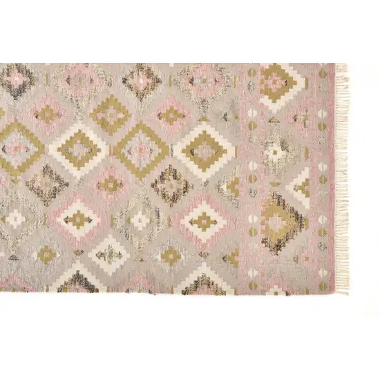 Pink Gold And Taupe Wool Geometric Dhurrie Flatweave Handmade Area Rug With Fringe Photo 4