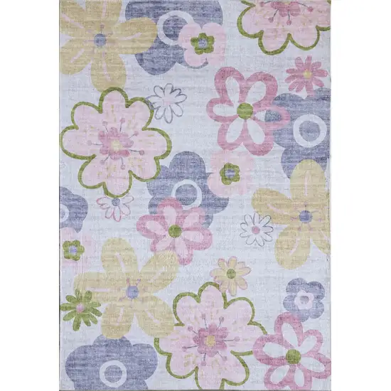 Pink Gray and Purple Juvenile Flowers Youthful Area Rug Photo 2