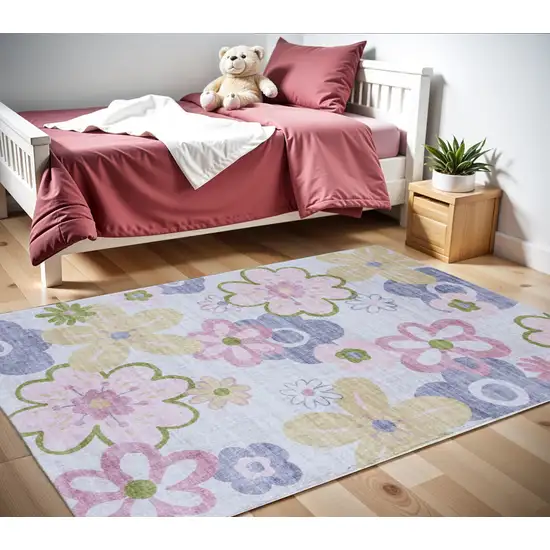 Pink Gray and Purple Juvenile Flowers Youthful Area Rug Photo 3