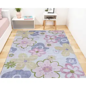 Photo of Pink Gray and Purple Juvenile Flowers Youthful Area Rug