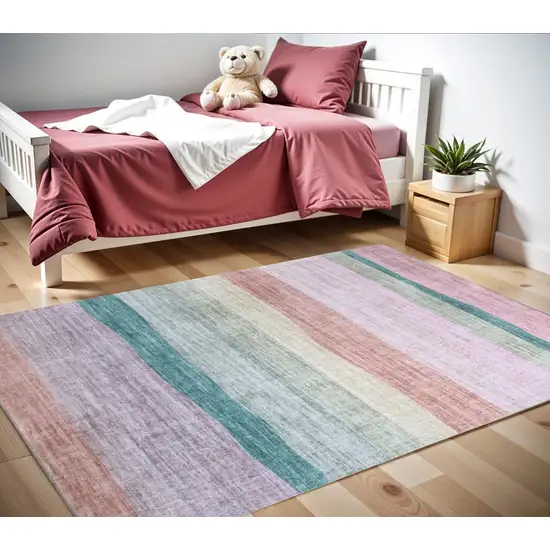 Pink Green and Purple Juvenile Rainbows Youthful Area Rug Photo 3