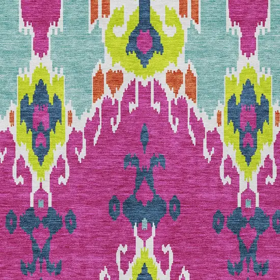 Pink Lime Green And Orange Ikat Washable Indoor Outdoor Area Rug Photo 5