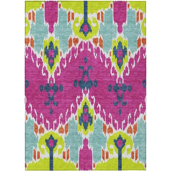 Pink Lime Green And Orange Ikat Washable Indoor Outdoor Area Rug Photo 1