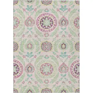 Photo of Pink Mauve And Mint Green Floral Washable Indoor Outdoor Area Rug