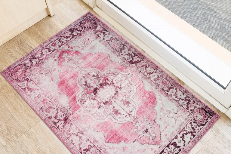 Pink Oriental Distressed Non Skid Area Rug Photo 4