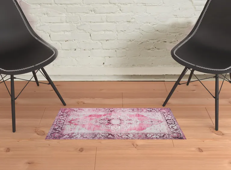 Pink Oriental Distressed Non Skid Area Rug Photo 2