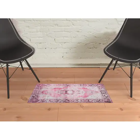 Pink Oriental Distressed Non Skid Area Rug Photo 2