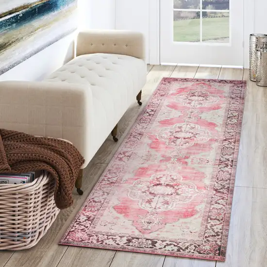 Pink Oriental Distressed Non Skid Runner Rug Photo 6