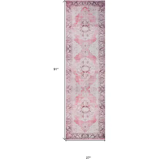 2' X 8' Pink Oriental Distressed Non Skid Runner Rug Photo 9