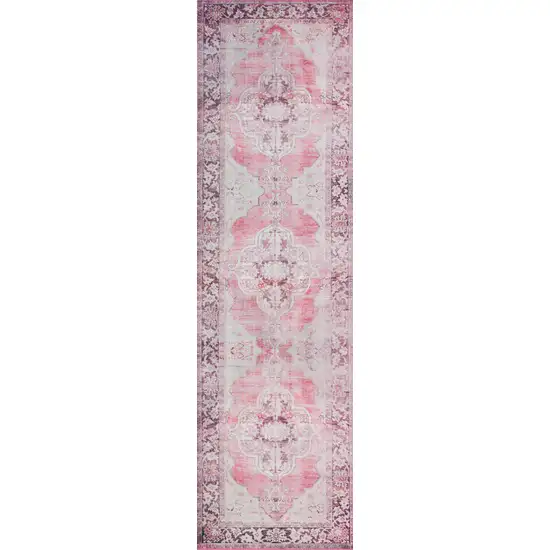 2' X 8' Pink Oriental Distressed Non Skid Runner Rug Photo 5