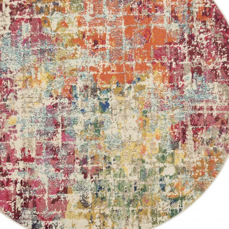 Pink Round Abstract Power Loom Distressed Non Skid Area Rug Photo 3