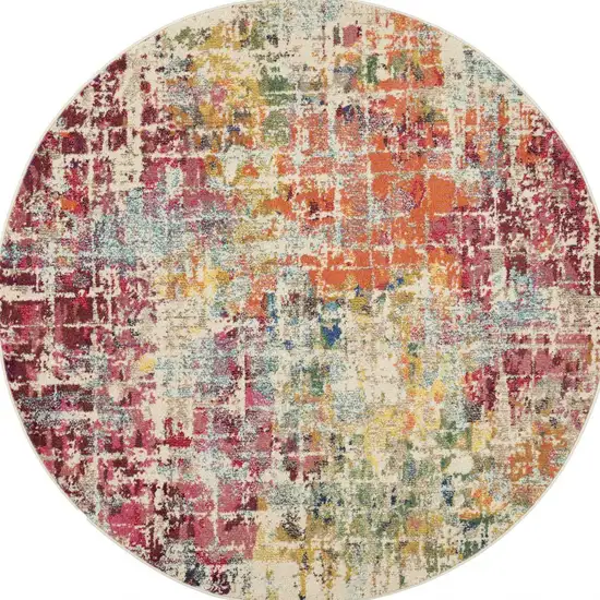 Pink Round Abstract Power Loom Distressed Non Skid Area Rug Photo 4