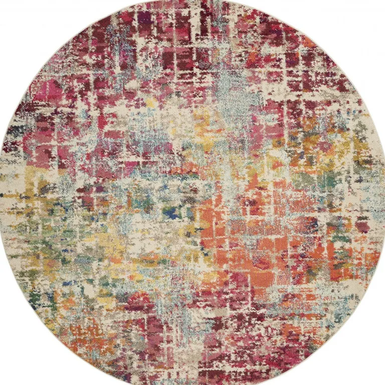 Pink Round Abstract Power Loom Distressed Non Skid Area Rug Photo 4