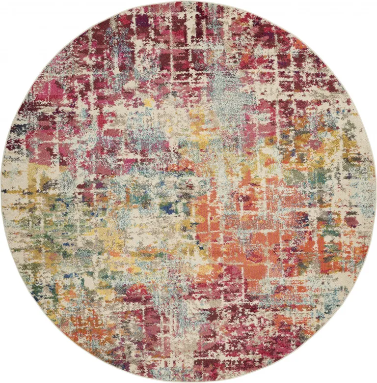 Pink Round Abstract Power Loom Distressed Non Skid Area Rug Photo 1