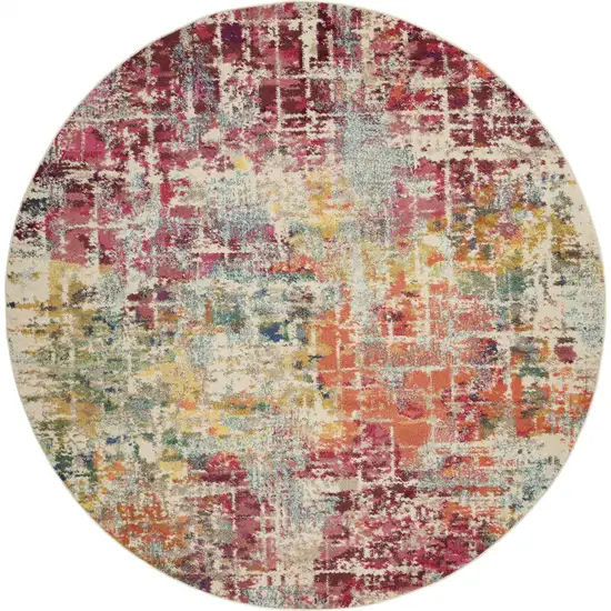 Pink Round Abstract Power Loom Distressed Non Skid Area Rug Photo 1