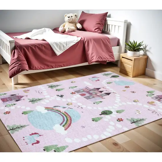 Pink White and Blue Juvenile Castle and Rainbow Youthful Area Rug Photo 2