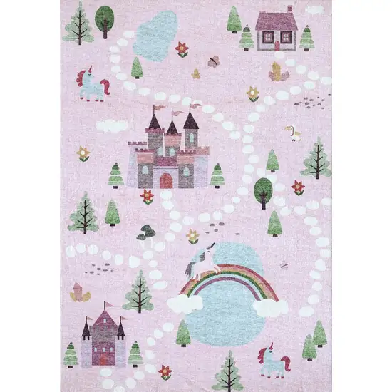 Pink White and Blue Juvenile Castle and Rainbow Youthful Area Rug Photo 2