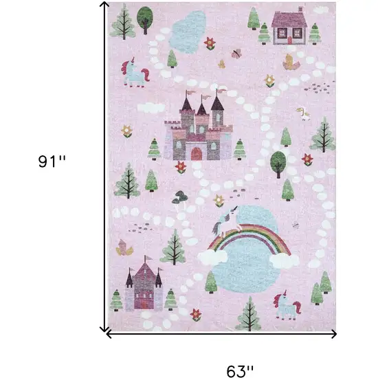 Pink White and Blue Juvenile Castle and Rainbow Youthful Area Rug Photo 6