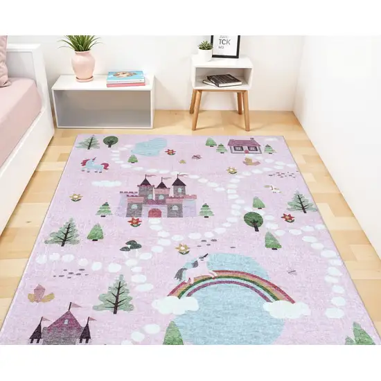 Pink White and Blue Juvenile Castle and Rainbow Youthful Area Rug Photo 3