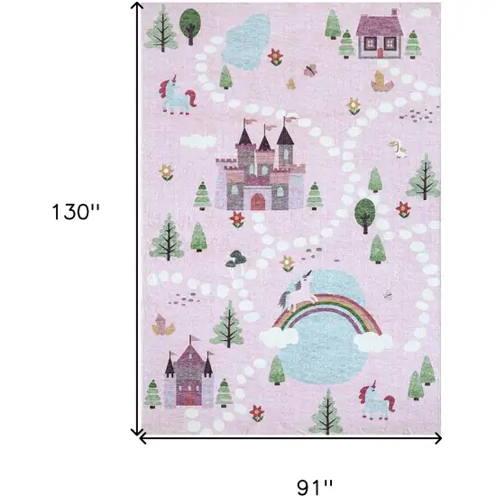 Pink White and Blue Juvenile Castle and Rainbow Youthful Area Rug Photo 6