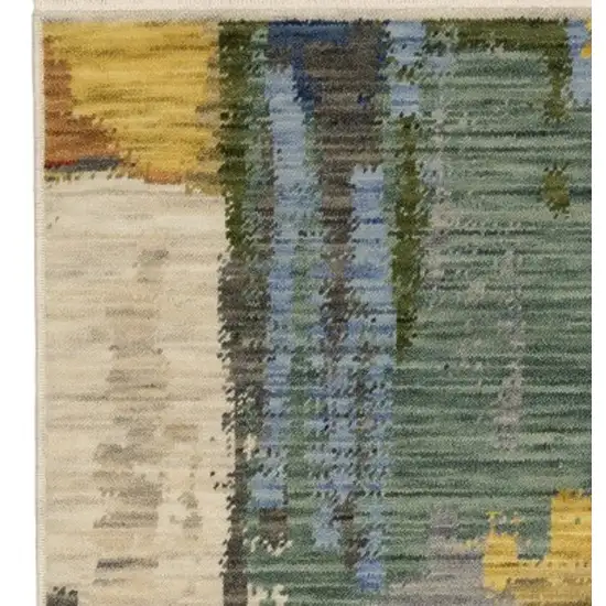 Pink Yellow And Dark Blue Abstract Area Rug With Fringe Photo 9