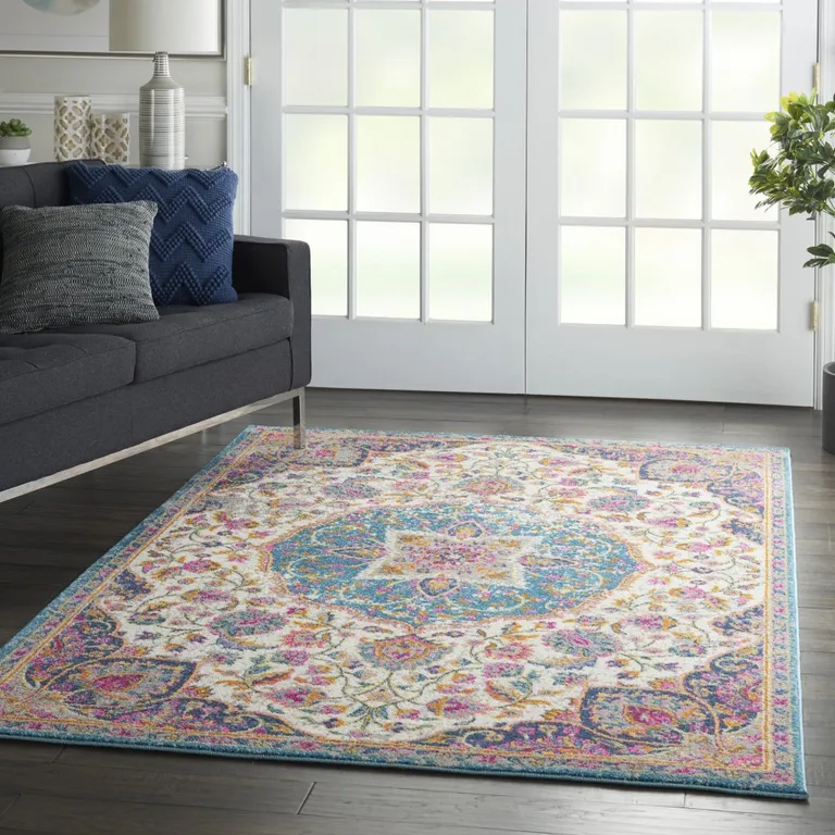 Pink and Blue Floral Medallion Area Rug Photo 5